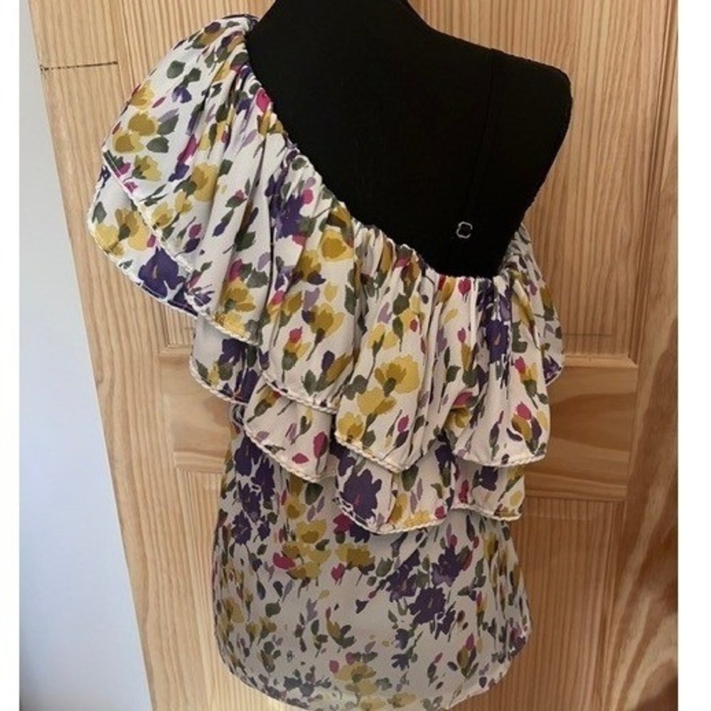 Saks Fifth Avenue One Shoulder Top Women XS White Floral Ruffle Blouse